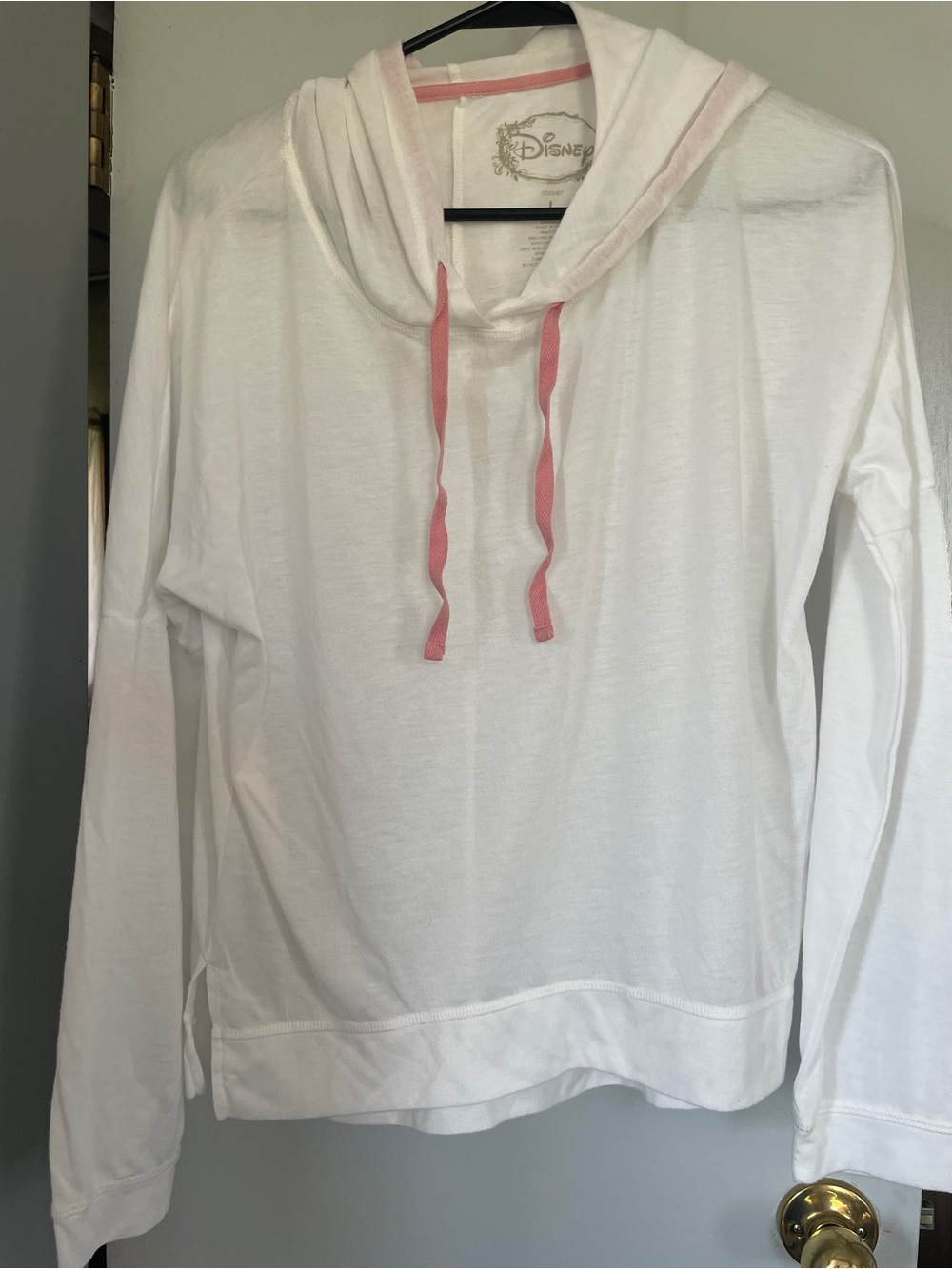 Disney Women's White Hooded Long-Sleeve Top with Pink Drawstrings size L